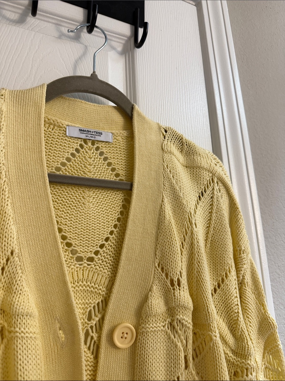 Smash + Tess Pastel Yellow Open-Knit Button Cardigan